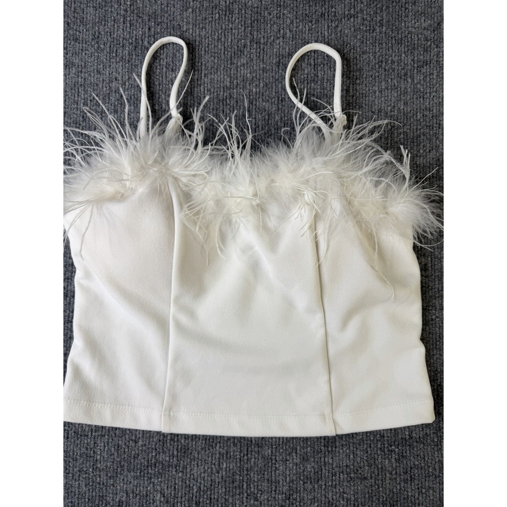 Honey & Sparkle Womens White Feather Trim Cami Top Size M Y2K‎ Party Crop